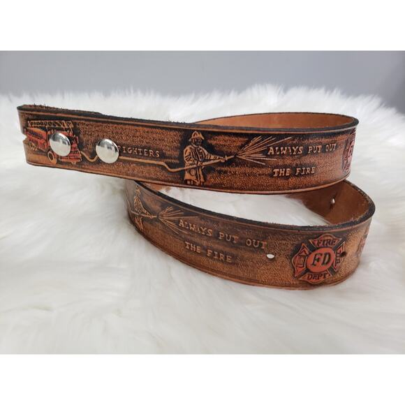 ADULT SMALL Vintage Firefighter Tooled Leather Belt Handmade - Picture 1 of 7